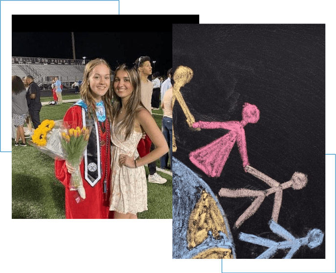 Two girls in graduation gowns and a drawing of a girl