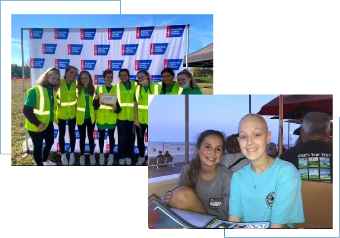 Two photos of a group of girls in front of an american flag.